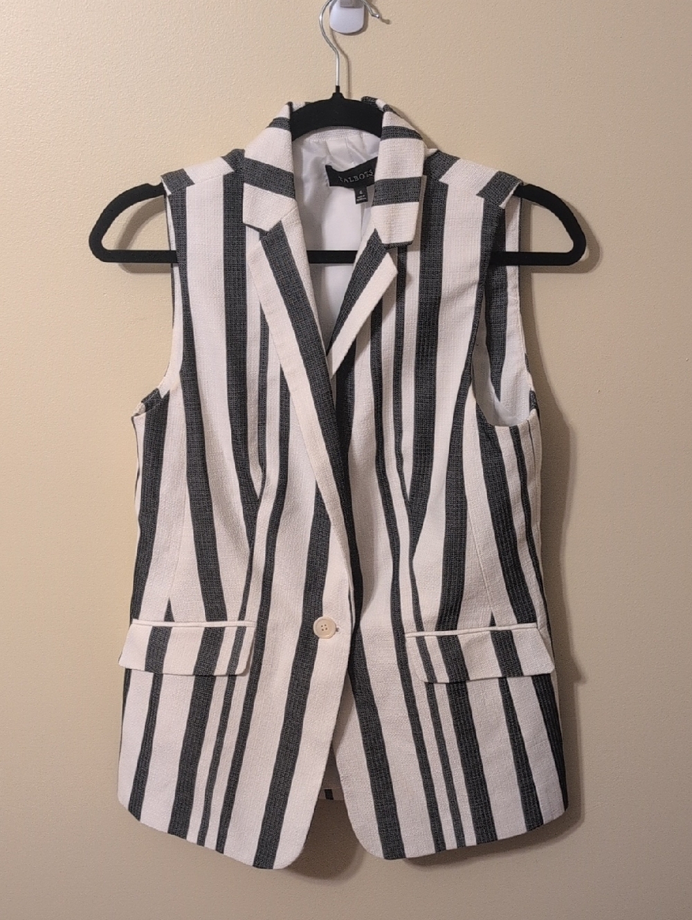 Talbots Black and White Striped Sleeveless Blazer Vest